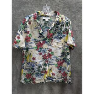 Floral Shirt Women's Large Short Sleeve‎ Tropical Hawaiian Sailboat Camp Scenery